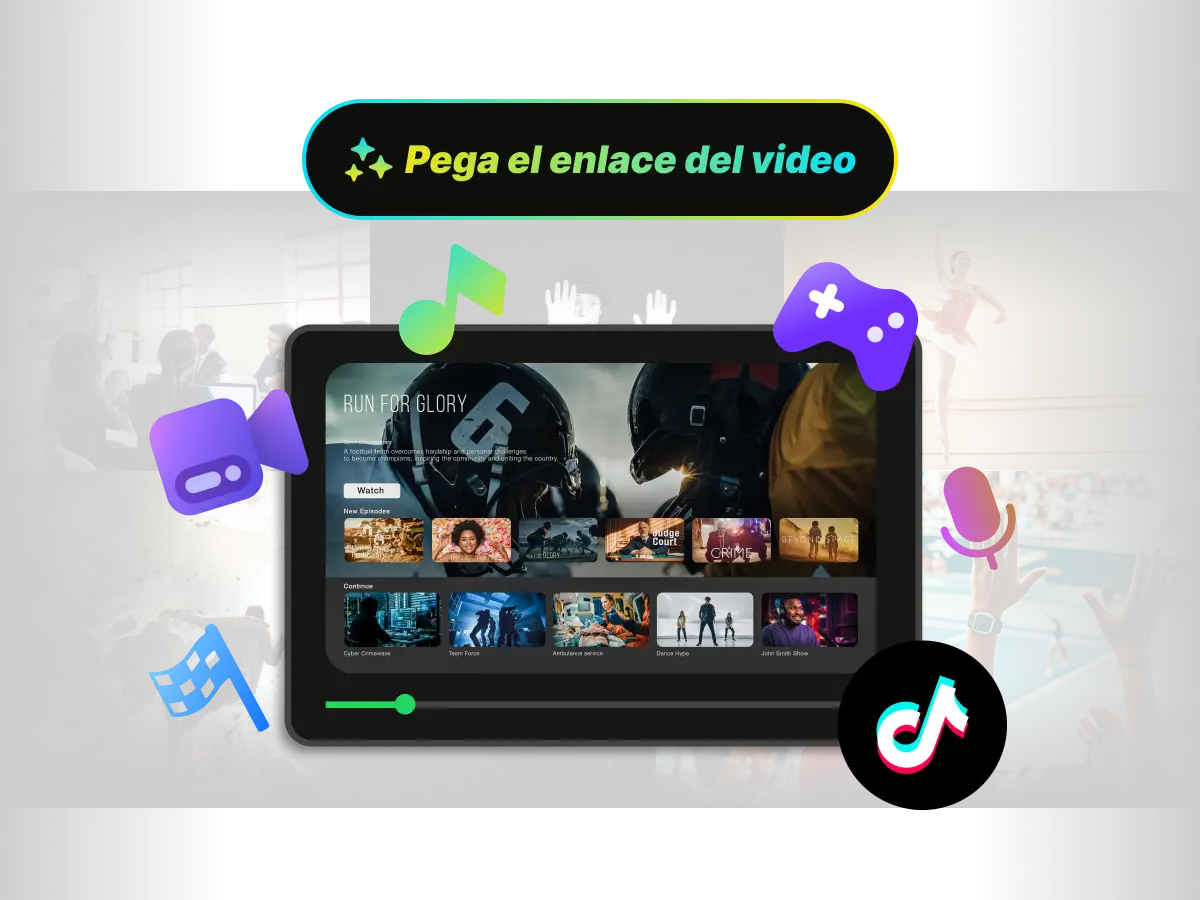 Un reproductor de video de la herramienta de WayinVideo, rodeado de íconos de juegos, redes sociales y deportes, ilustrando la compatibilidad con todo tipo de videos.